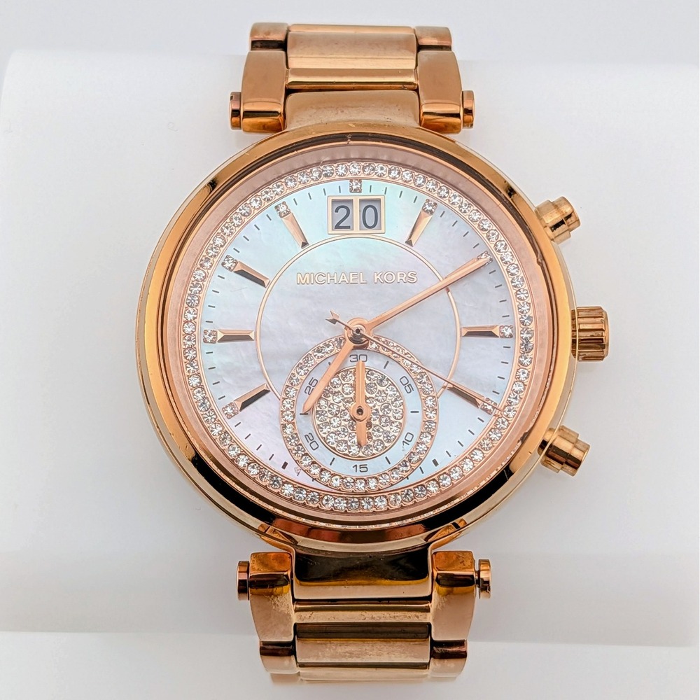 Michael Kors Sawyer MK6282 Rose Gold Tone MOP Crystal Chronograph Watch 39mm